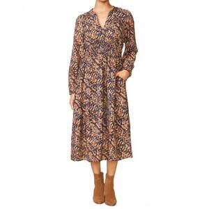 NEW ANTHEM THE LABEL long sleeve printed midi dress in brown multi